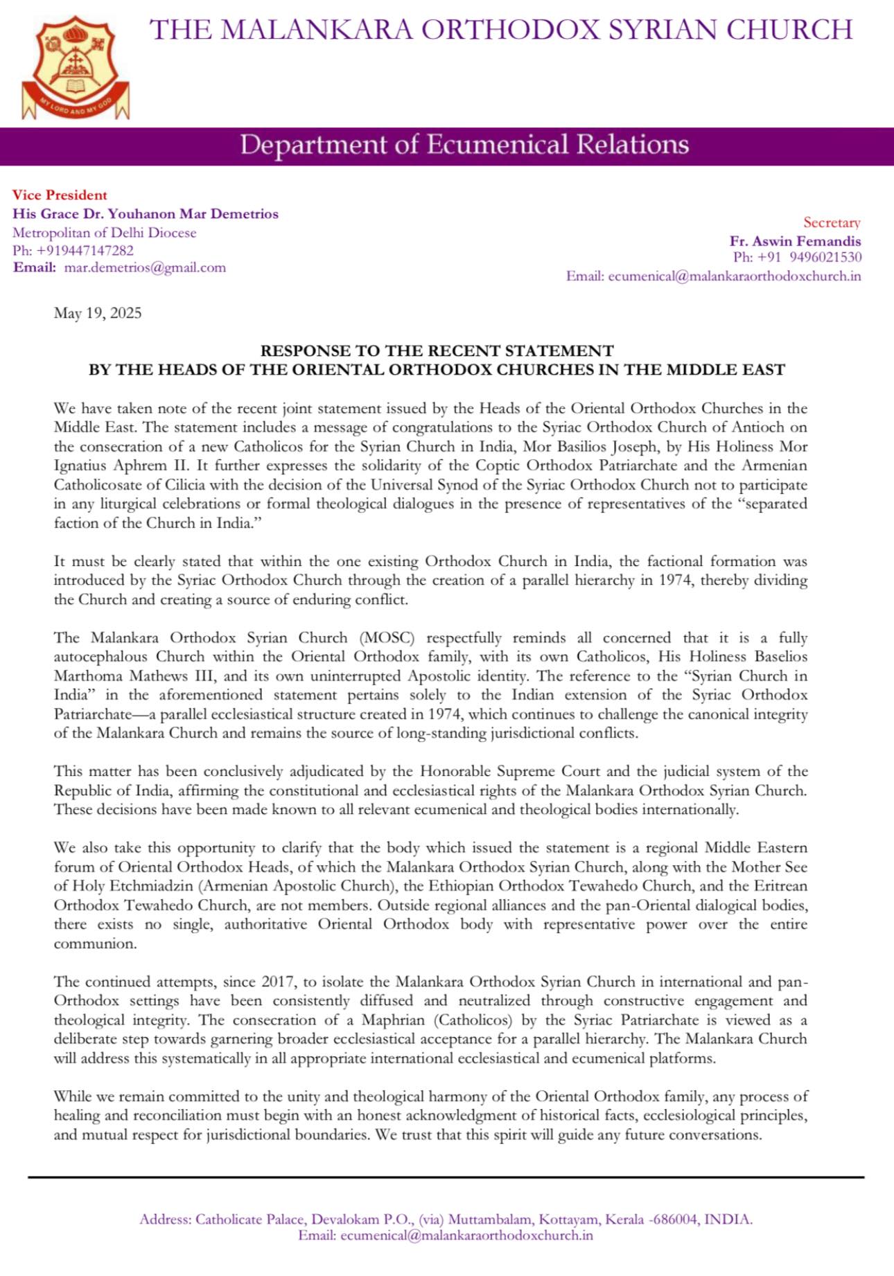 Official Response | Malankara Orthodox Syrian Church